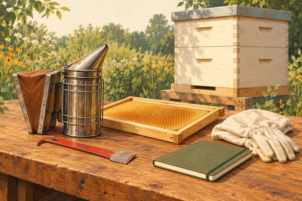 Illustration of hive equipment, protective gloves and a notebook arranged on a workbench.