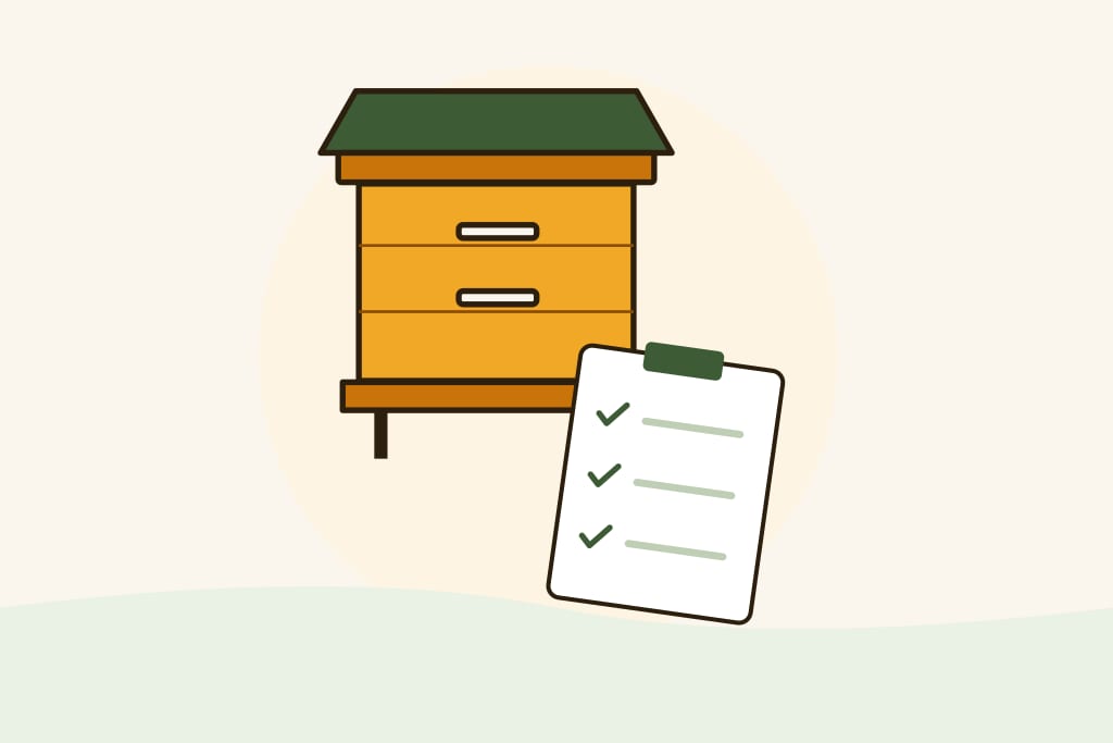 Illustration of a wooden beehive and an equipment checklist.
