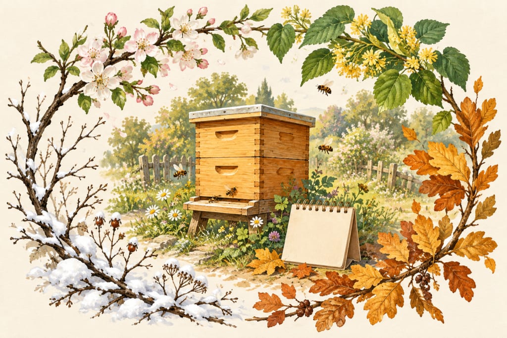 Illustration of a hive surrounded by spring blossom, summer flowers, autumn leaves and winter twigs.